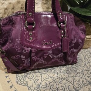 Coach Plum Signature Satchel with Patent Trim